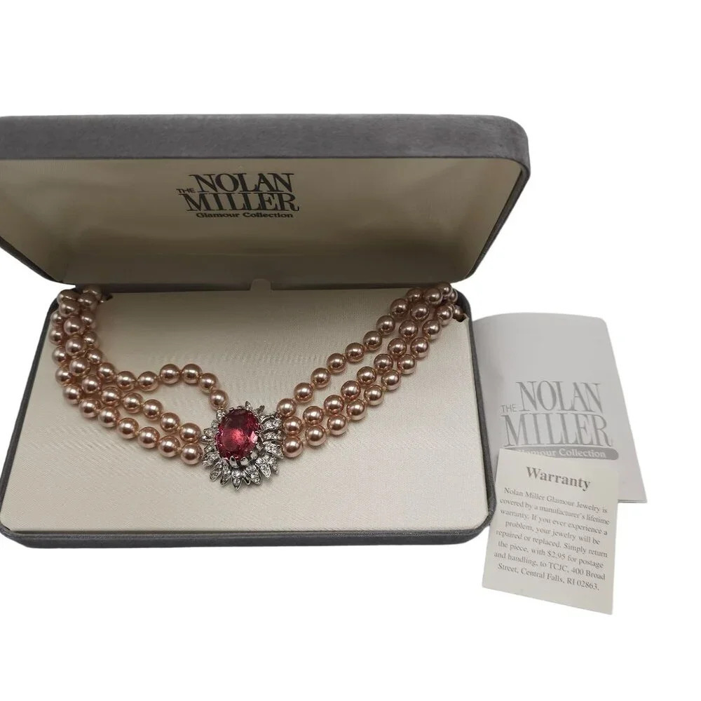 Nolan Miller Glamour Collection Faux Pearl Necklace Pink Clear Rhinestone Accent